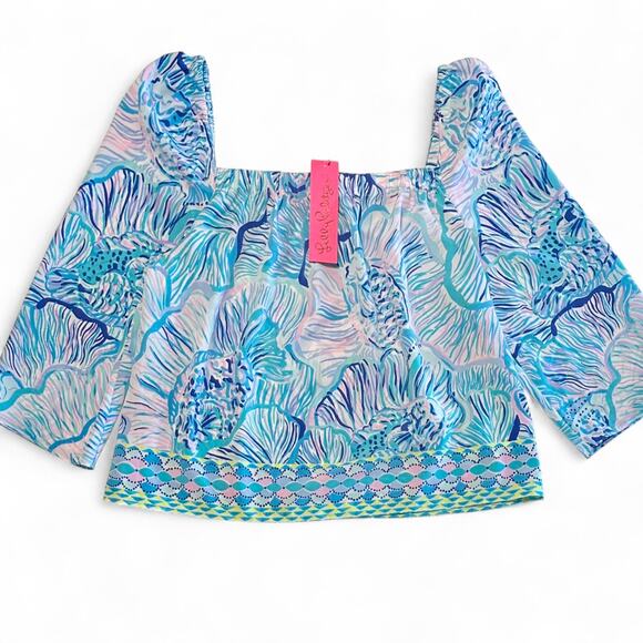 Lilly Pulitzer Lizzie Top Size L NWT Bermuda Blue Fish Print Resort Coastal Chic - Picture 5 of 8